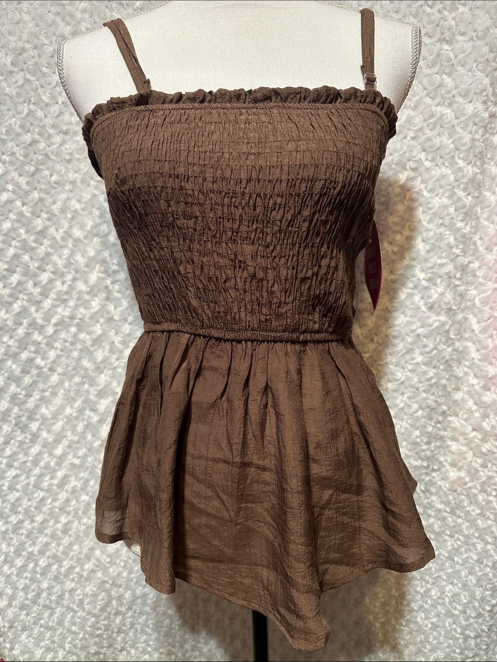 Women’s Brown Smocked Tank Top with Peplum Hem
